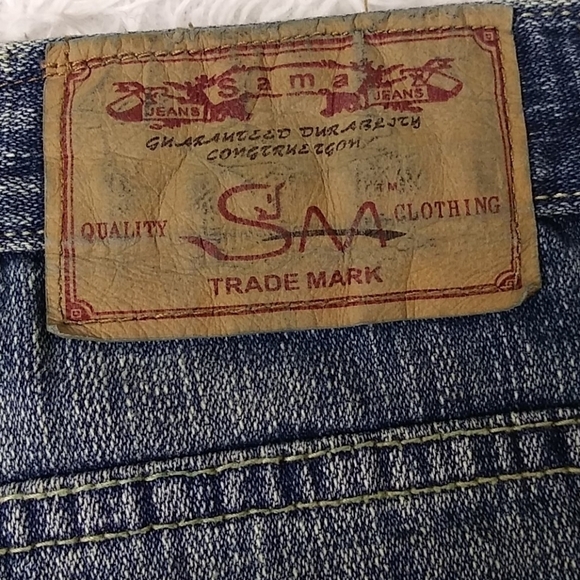 Sama Jean Blue Whiskering Medium Wash Mid Rise Distressed Wide Leg Denim Jean - Picture 15 of 16
